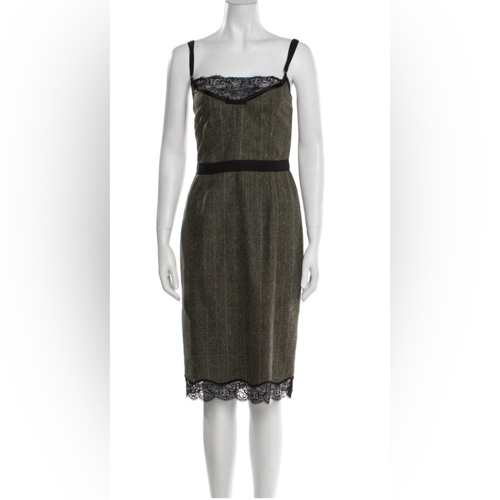 D&G Olive Wool Plaid Lace Lined Dress Size IT38 US2 $1800